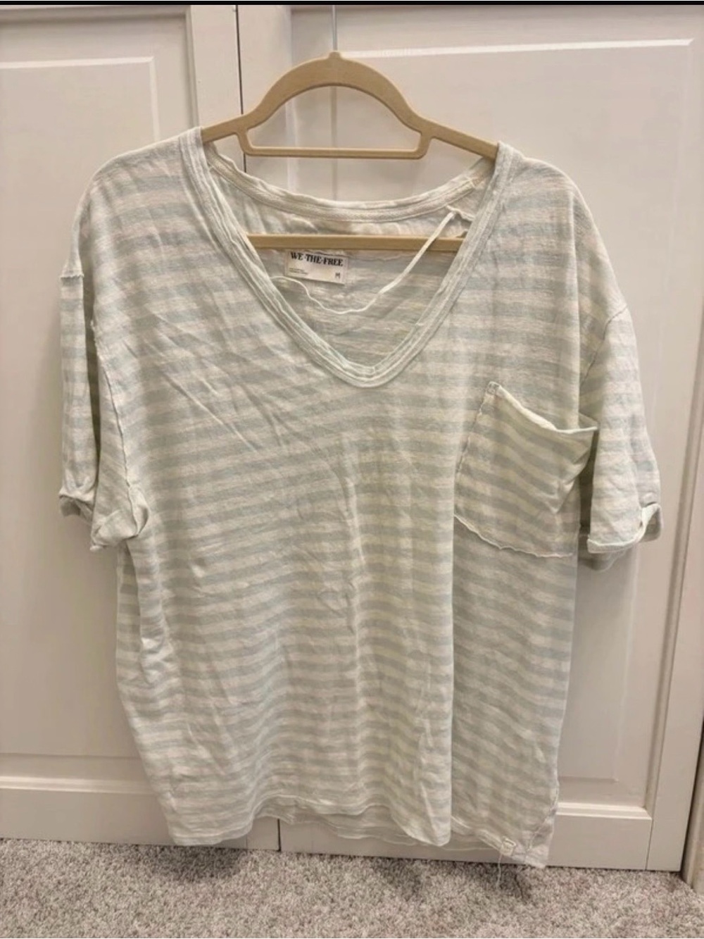 Free People Mint and White Striped V-Neck Pocket Tee